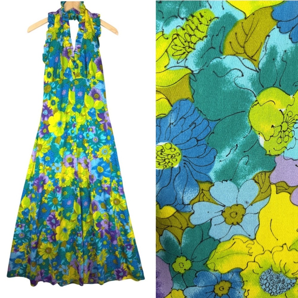 VTG Floral Maxi Dress Halter Ruffle Psychedelic 70s Blue Green Yellow Submarine